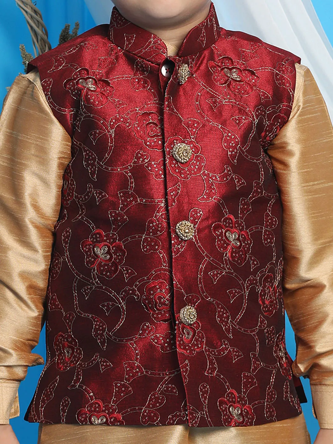 Vastramay Boy's Maroon Embroidered Nehru Jacket With Rose Gold Kurta And Dhoti Set