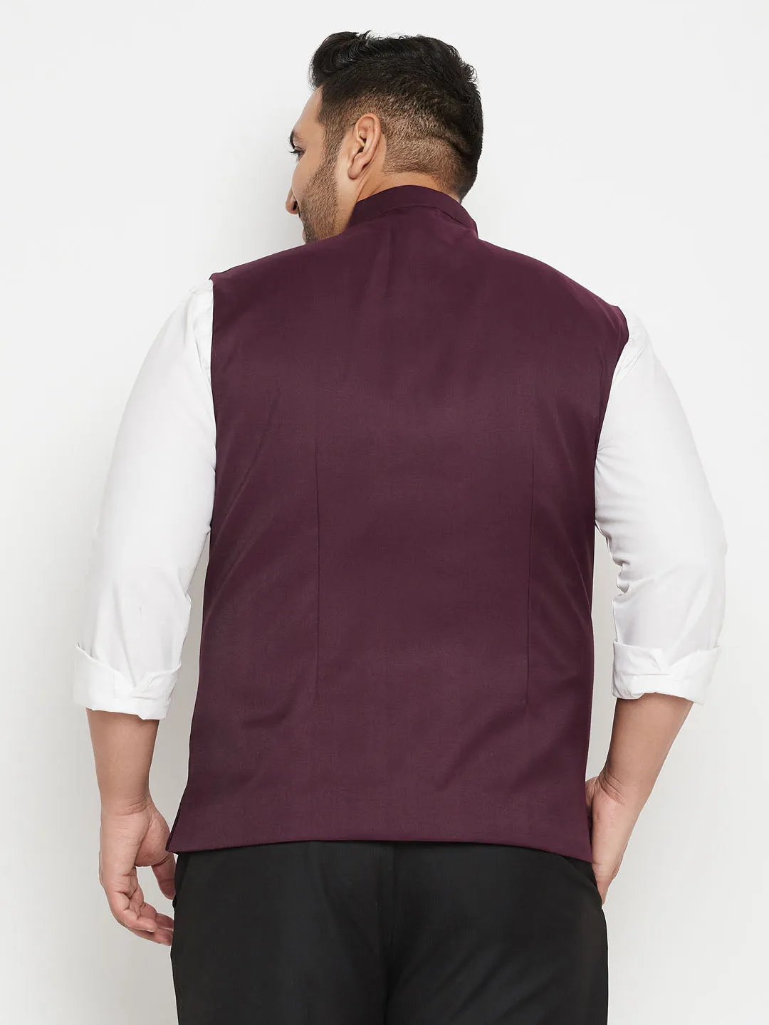 VASTRAMAY Men's Plus Size Maroon Cotton Blend Nehru Jacket