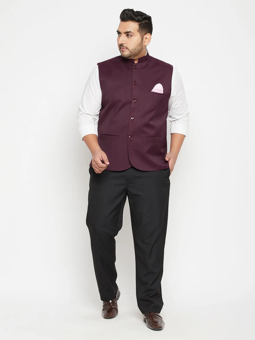 VASTRAMAY Men's Plus Size Maroon Cotton Blend Nehru Jacket