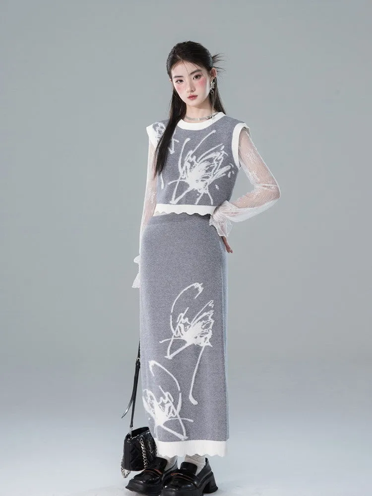 Vest&Long-Skirt Knit Butterfly Retro Bi-Color Set-Up