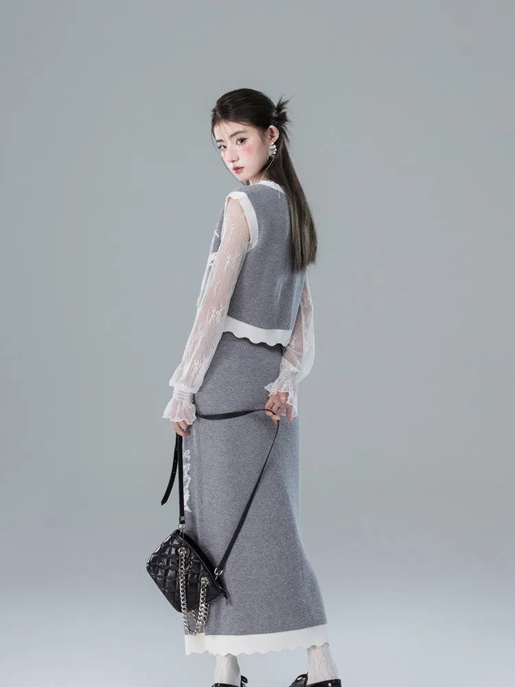 Vest&Long-Skirt Knit Butterfly Retro Bi-Color Set-Up