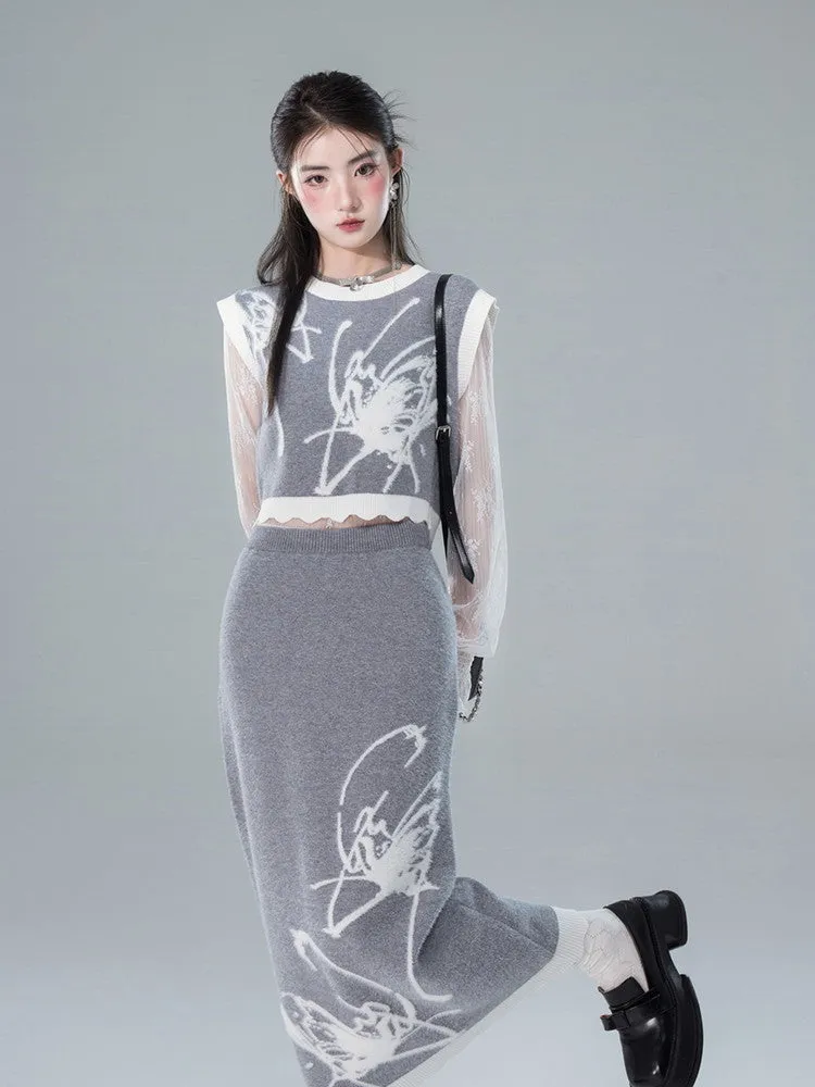 Vest&Long-Skirt Knit Butterfly Retro Bi-Color Set-Up