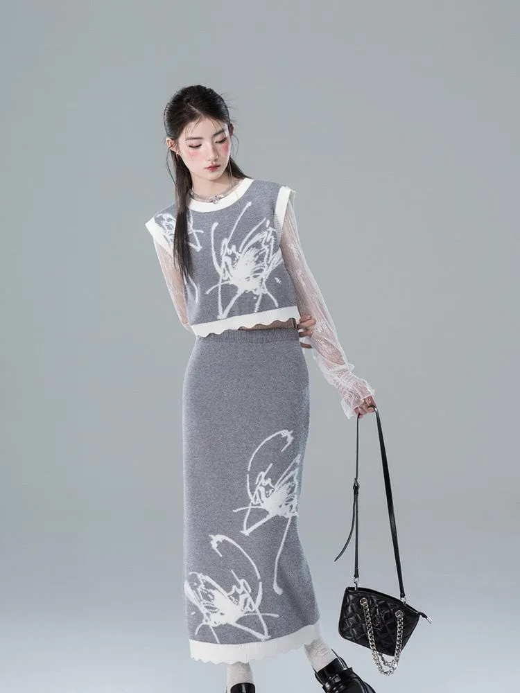 Vest&Long-Skirt Knit Butterfly Retro Bi-Color Set-Up