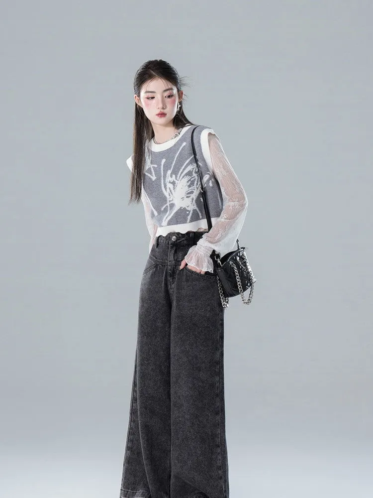 Vest&Long-Skirt Knit Butterfly Retro Bi-Color Set-Up