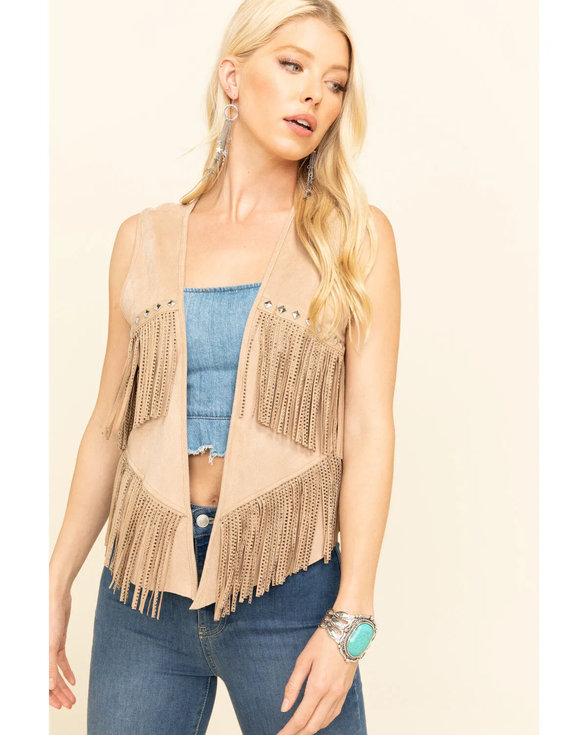 Vocal Women's Studded Fringe Suede Vest