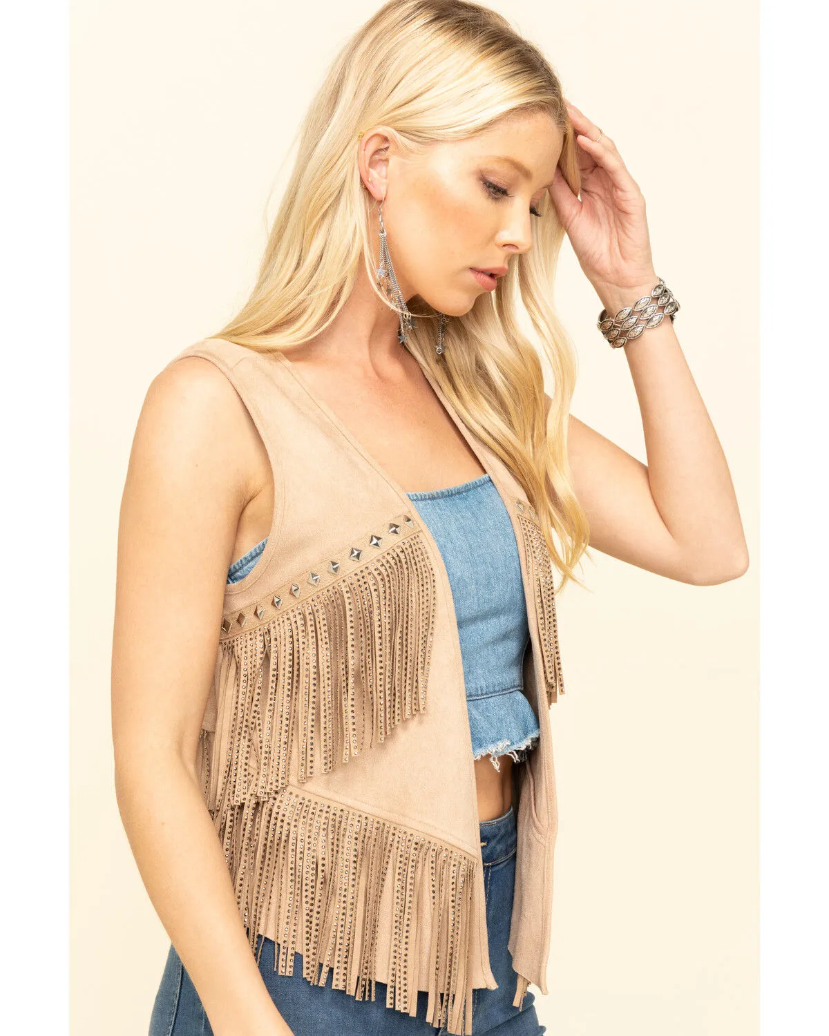 Vocal Women's Studded Fringe Suede Vest