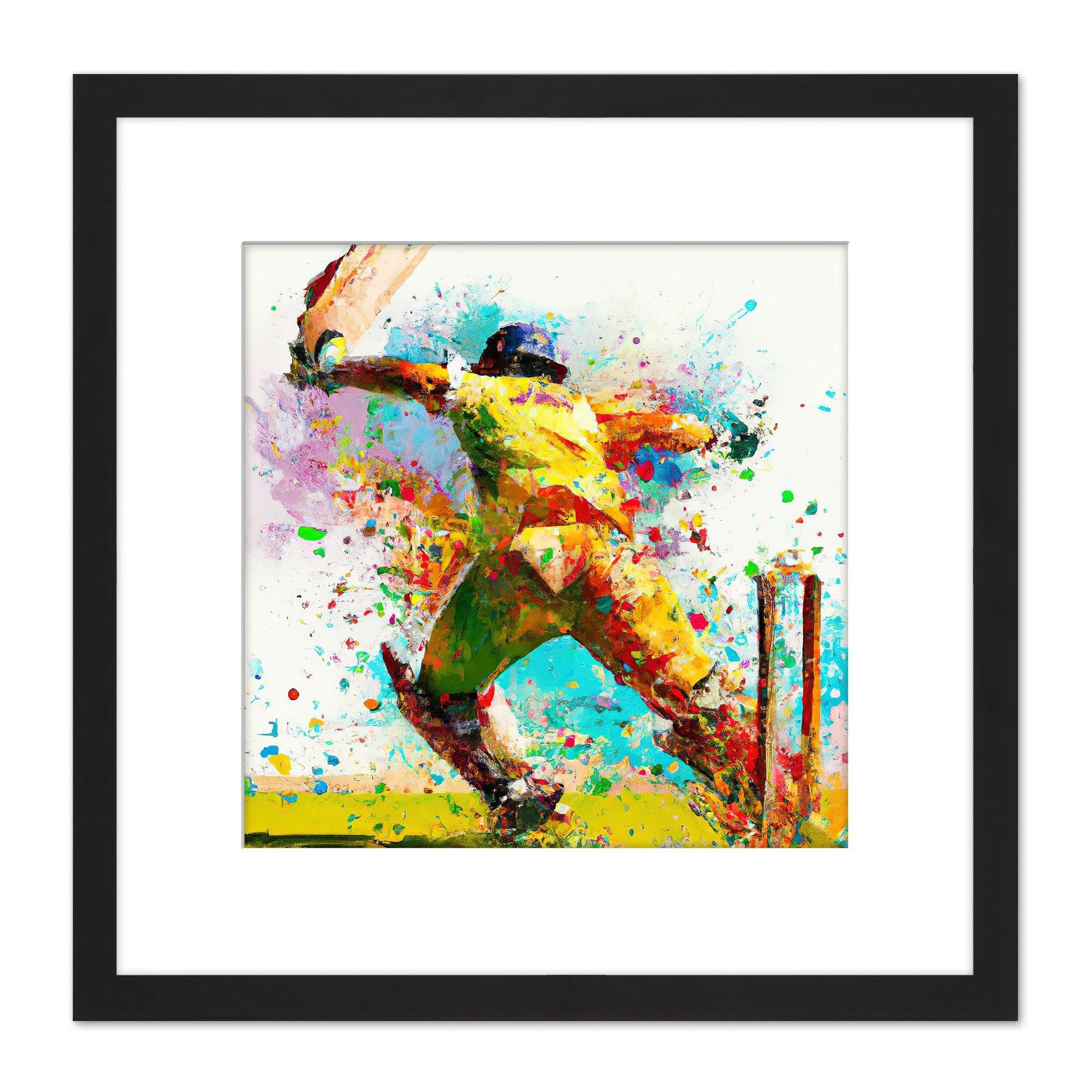 Wall Art & Pictures | Cricket Batsman Wicket Sports Colourful Splatter Painting Square Wooden Framed Wall Art Print Picture 