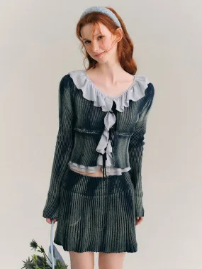 Washed Tie-dye Lace-up Knitted Cardigan & Skirt