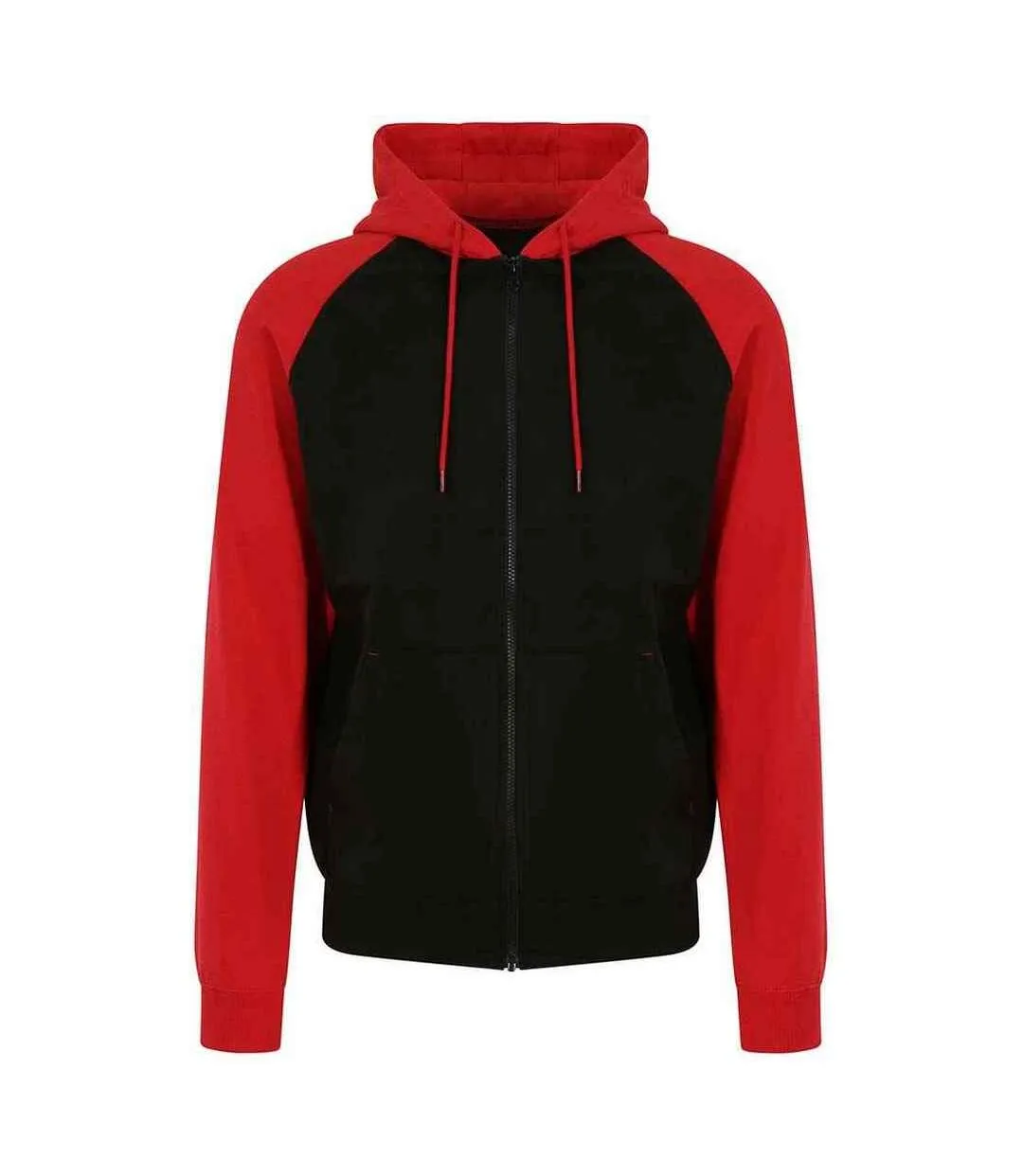 Womens/ladies raglan baseball full zip hoodie jet black/fire red Awdis