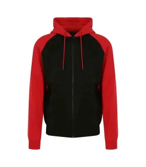 Womens/ladies raglan baseball full zip hoodie jet black/fire red Awdis