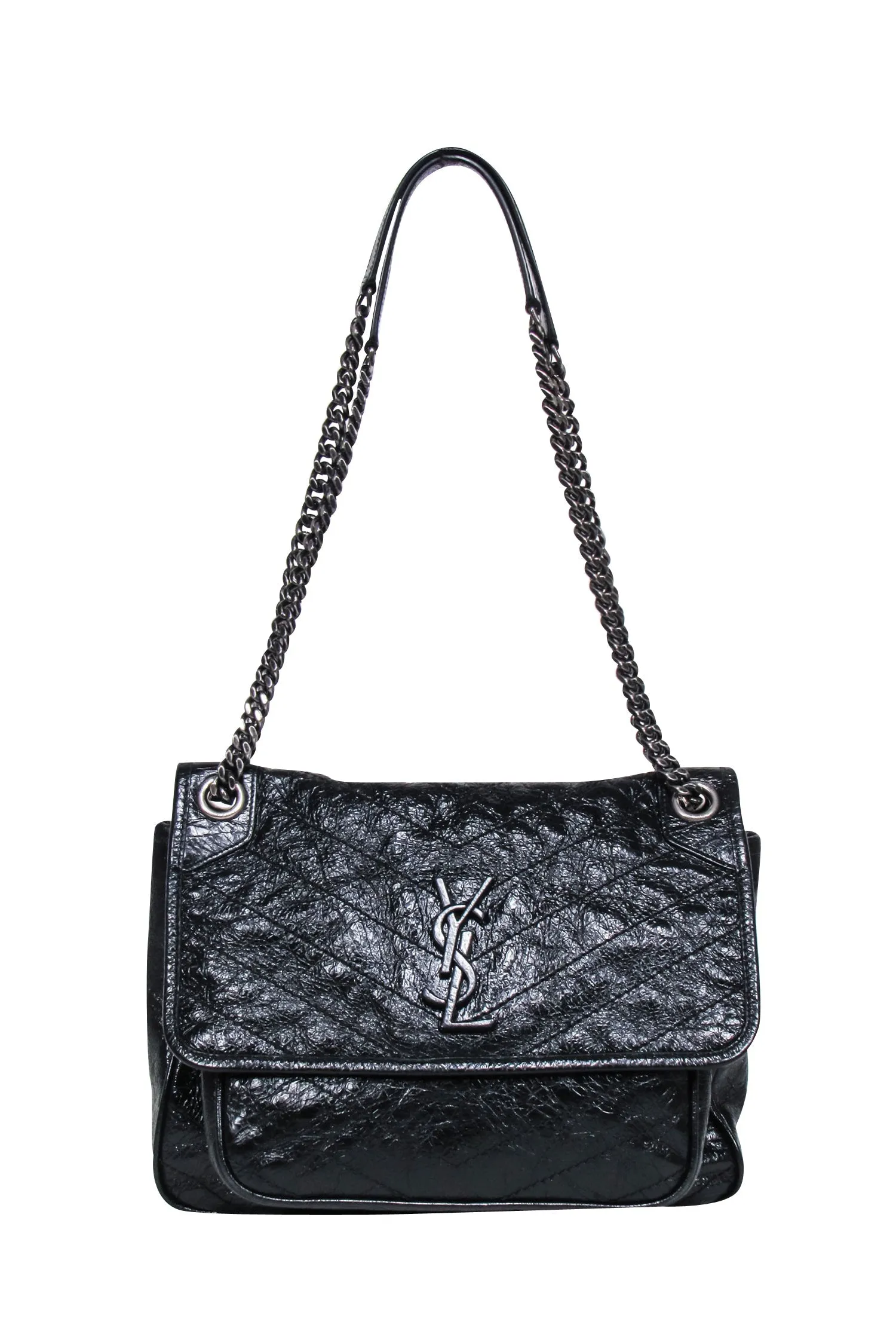 Yves Saint Laurent - Black Patent Leather Chevron Niki Shoulder Bag